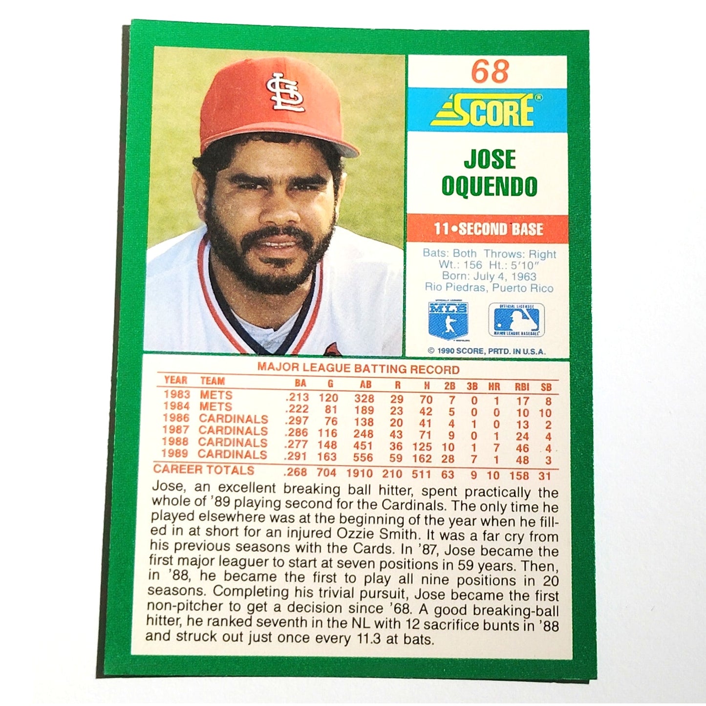 1990 Score José Oquendo Card No. 68 St. Louis Cardinals 2B VG/EX