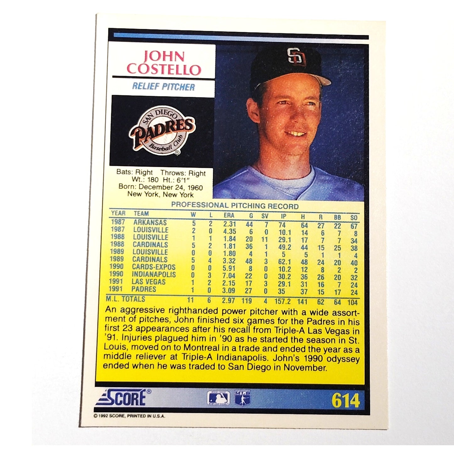 1992 Score John Costello #614 San Diego Padres Relief Pitcher MLB Baseball NM