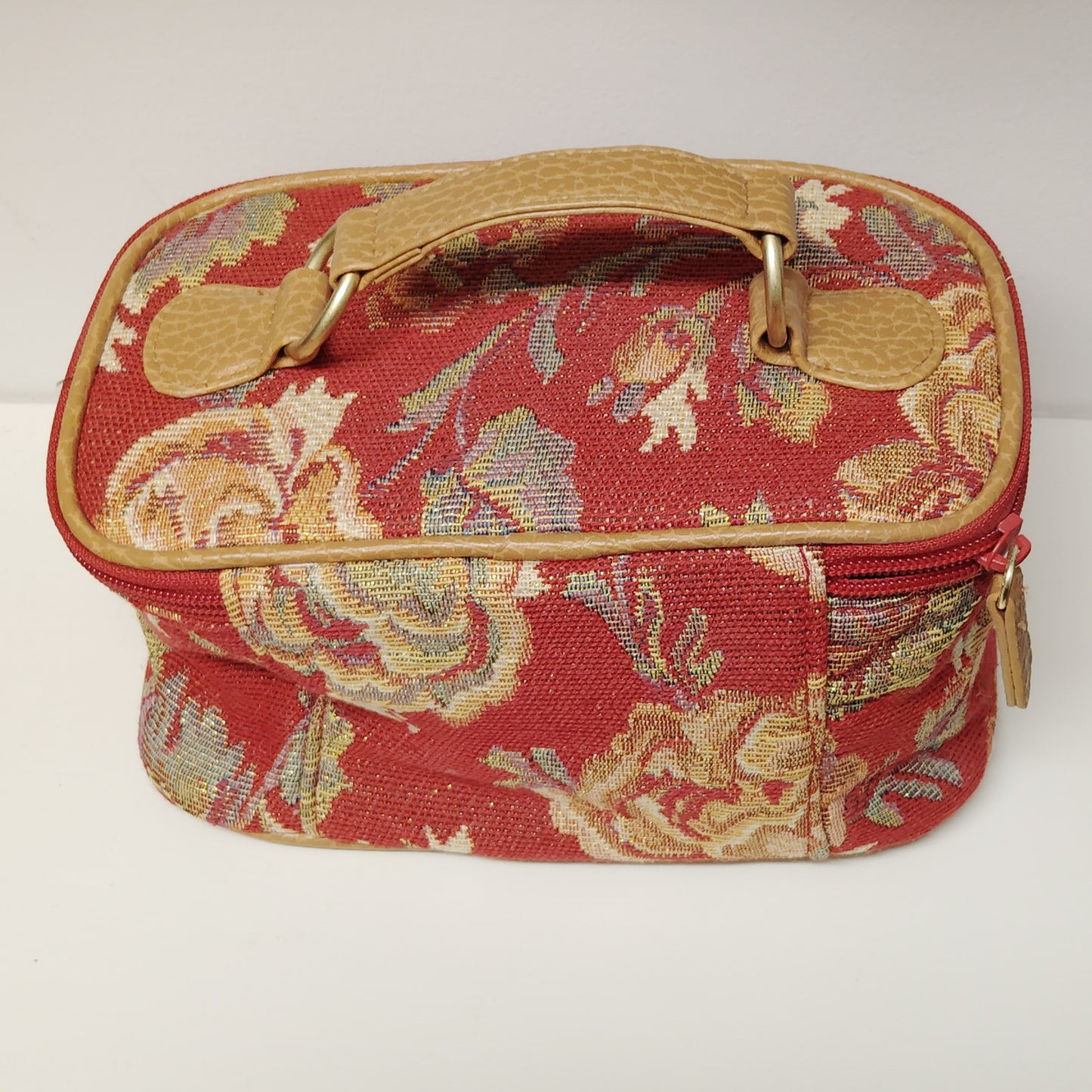 Vintage Floral Tapestry Small Train Case Red Yellow Gold Travel Bag 8x4.5x4.75"