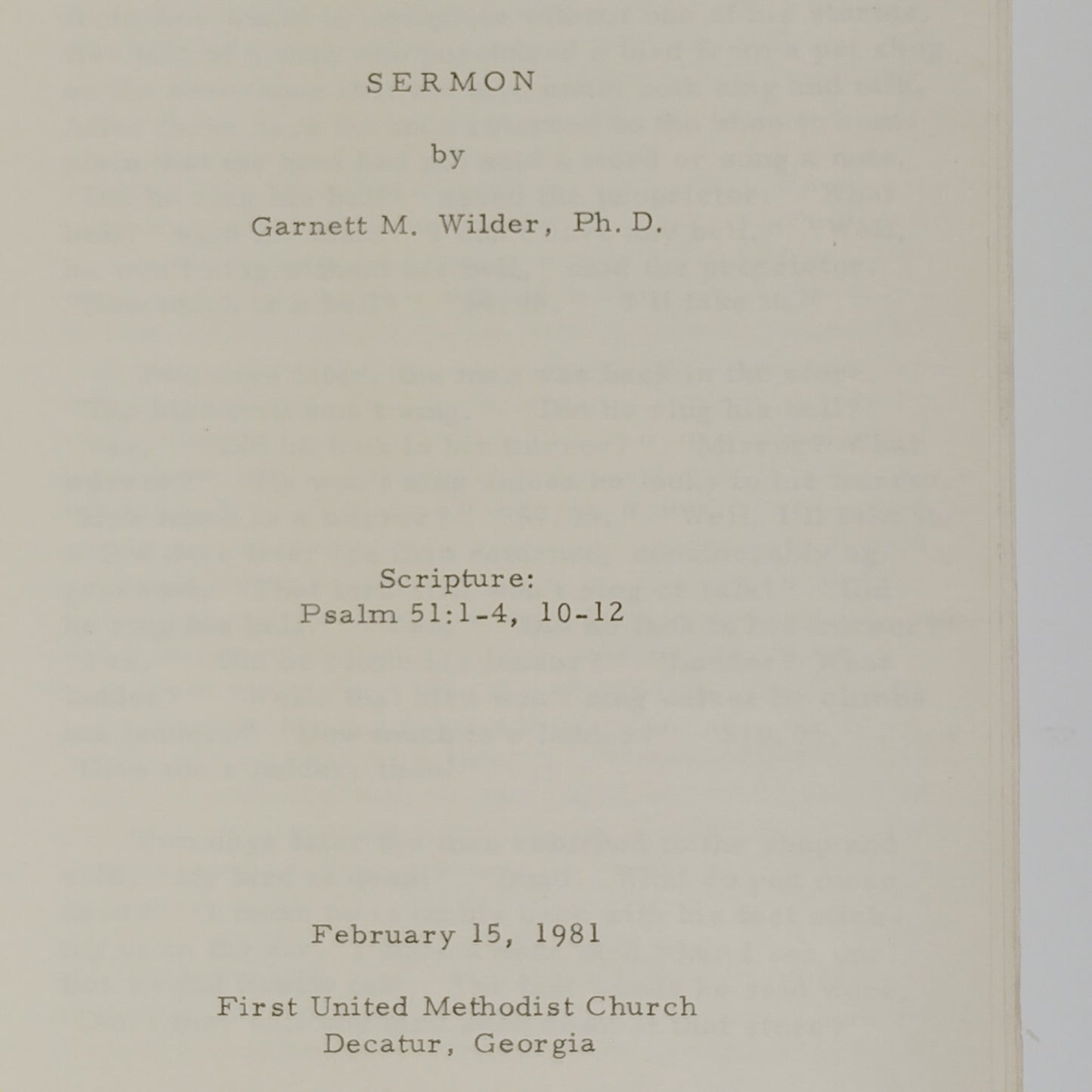 7 Sermon Programs – Garnett M. Wilder, Ph.D. – First United Methodist Church, Decatur GA – 1980–1981