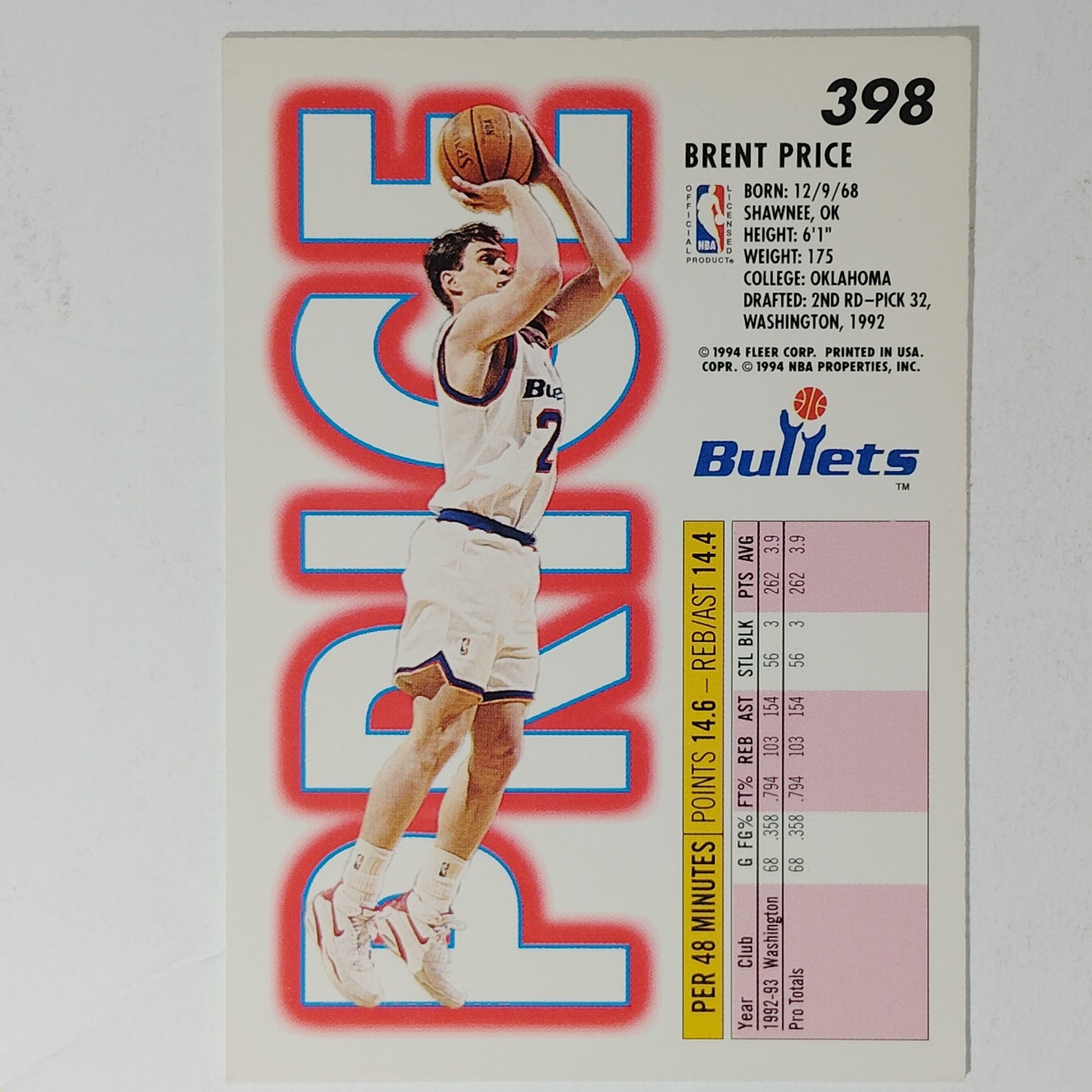 1993–94 Fleer Brent Price #398 – Washington Bullets – Guard – VG/EX