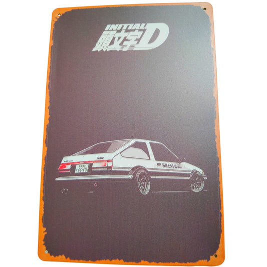 Retro 12x8 Initial D Anime Tin Sign – Toyota AE86 Trueno Rear View, Vintage Japanese Street Racing