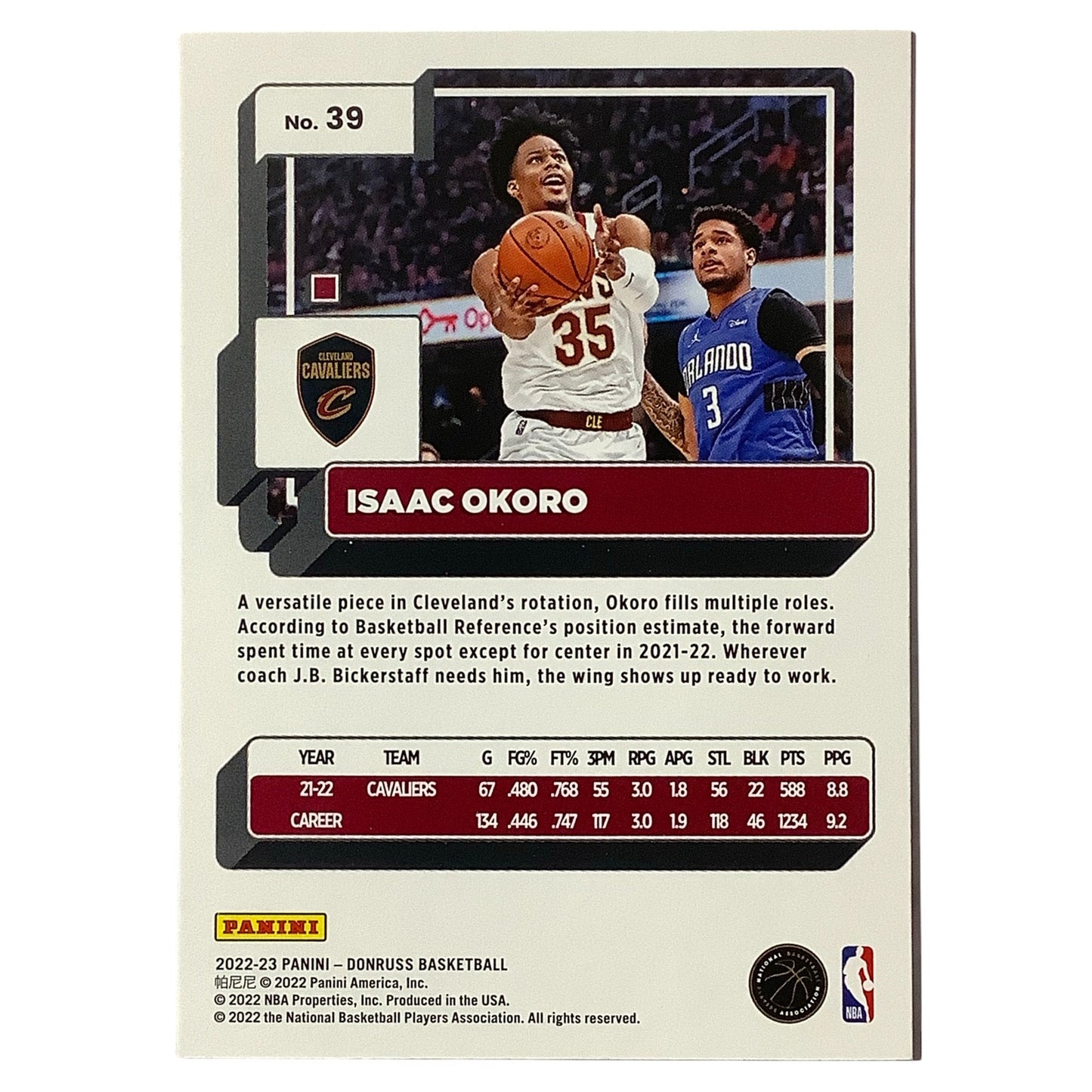 Isaac Okoro, Cleveland Cavaliers, Card #39, 2022-23 NBA Panini-Donruss