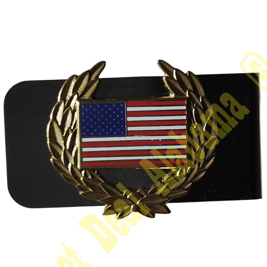 US Flag Wreath (1-1/4"W x 1-1/8"H) Money Clip (1-7/8"W x 1"H)