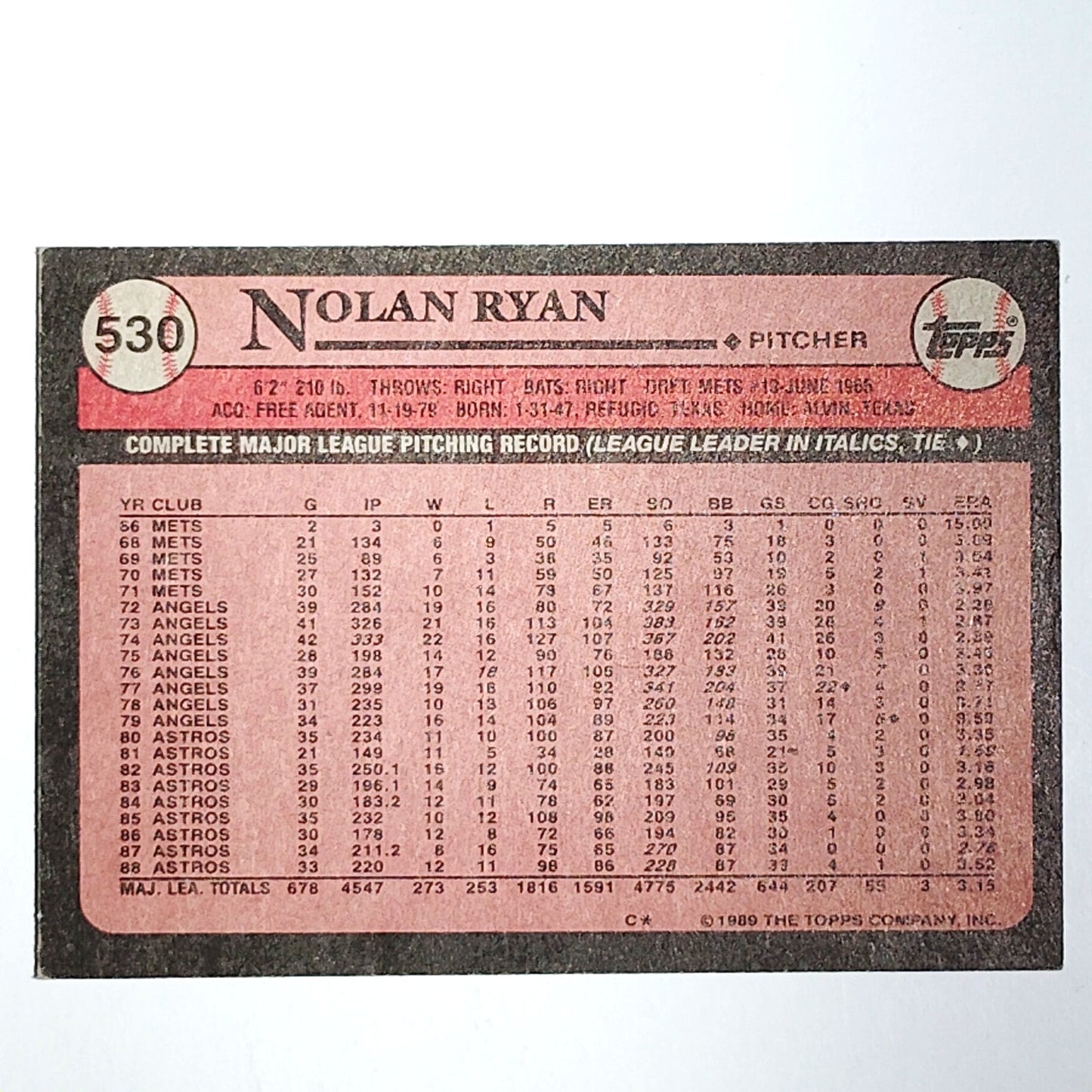 1989 Topps Nolan Ryan #530 Astros Pitcher HOF Legend VG/EX