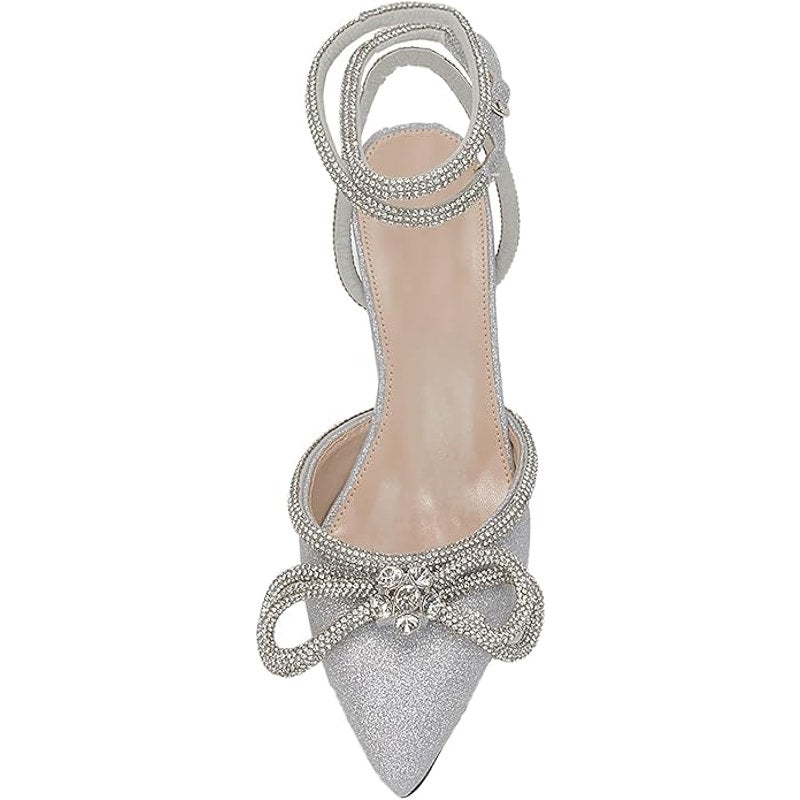 VETASTE Double Bow Crystal Stilettos, Silver, Women’s 9, Pointed Toe Satin Heels