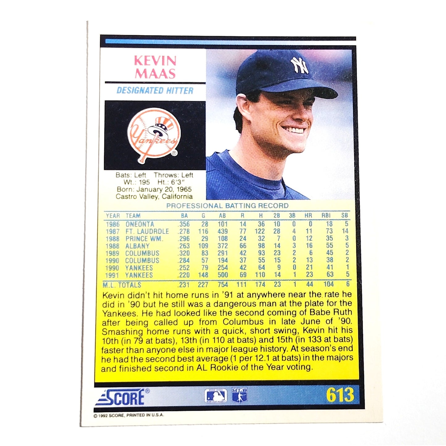 1992 Score Kevin Maas #613 New York Yankees Designated Hitter MLB Baseball NM