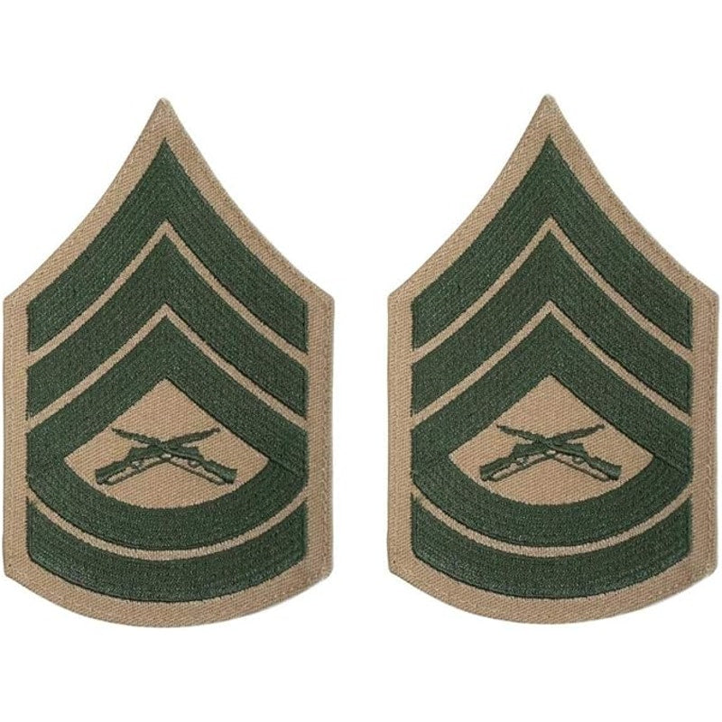 USMC Gunnery Sergeant E‑7 Chevrons Green on Khaki Male Size Pair, 6" × 3‑5/8"
