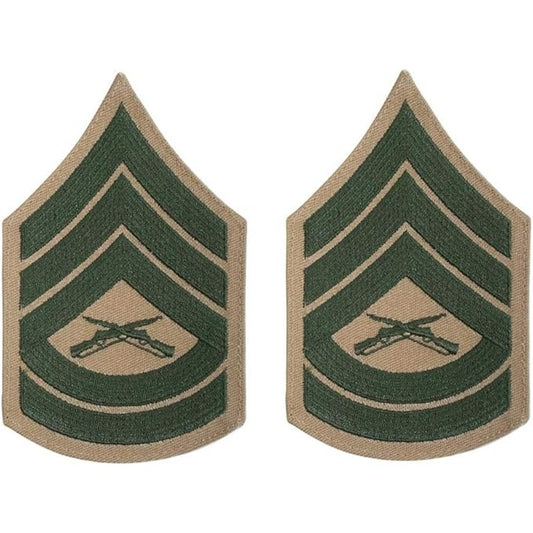USMC Gunnery Sergeant E‑7 Chevrons Green on Khaki Male Size Pair, 6" × 3‑5/8"