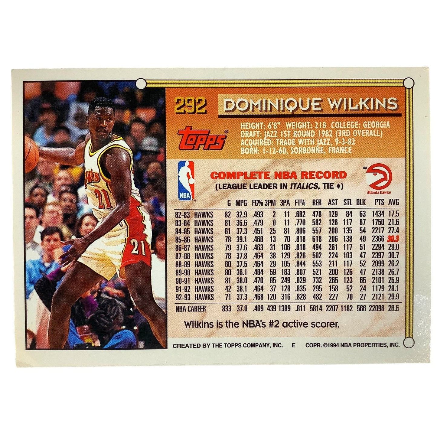 Dominique Wilkins, Atlanta Hawks, 1993 Topps Collector's Card 292, EXC