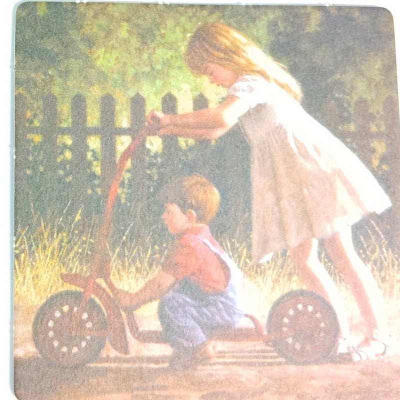Set of 4 VTG Rustic Americana Kids Coasters Reversible Country Painting Scenes