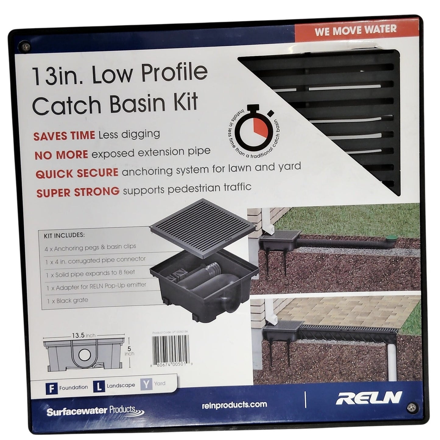 RELN 13"Sq. x 5"H Low Profile Catch Basin Kit (Black Plastic, Grate Included)