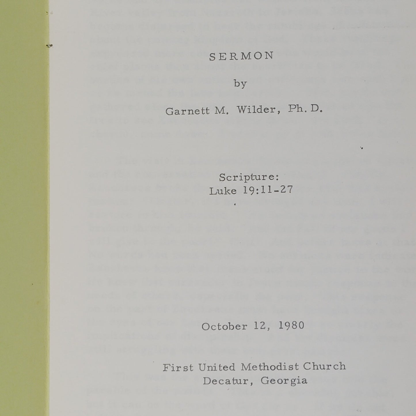 7 Sermon Programs – Garnett M. Wilder, Ph.D. – First United Methodist Church, Decatur GA – 1980–1981