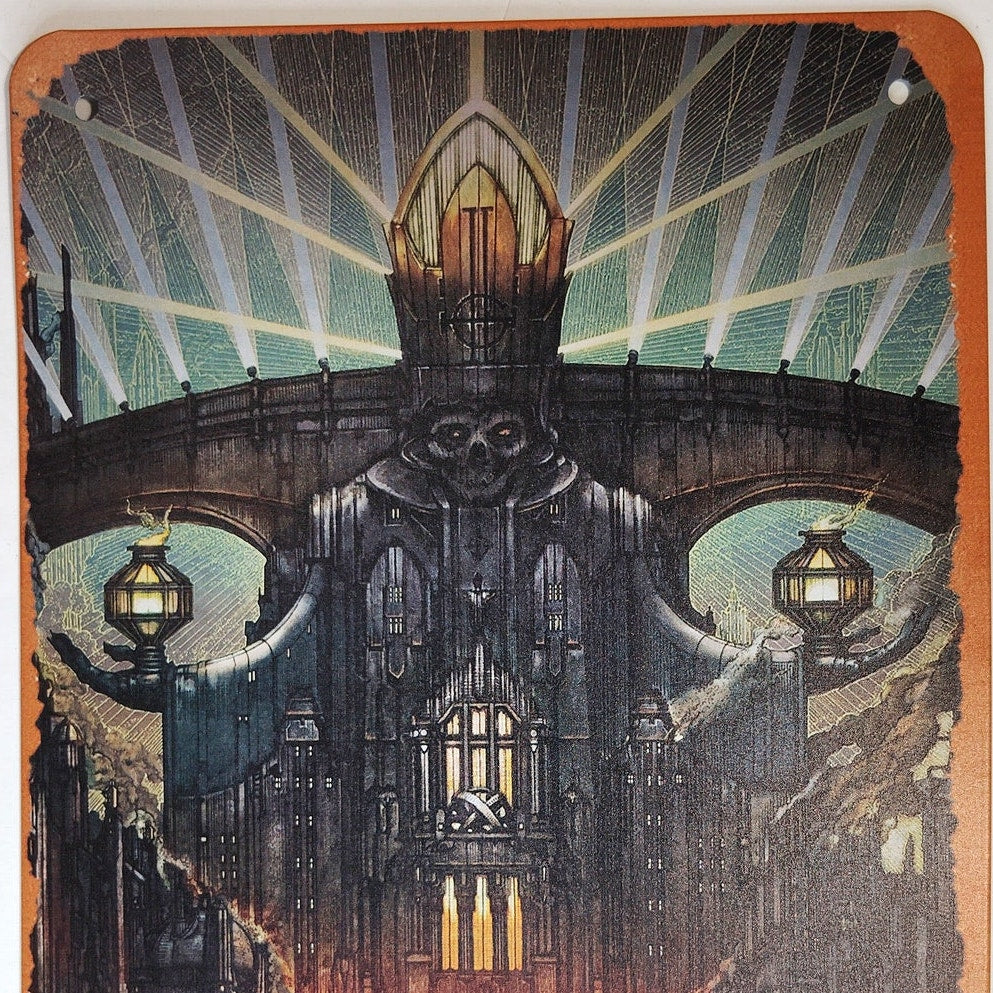 Gothic Cathedral Tin Sign 12×8 Dark Fantasy Industrial Art Metal Wall Decor