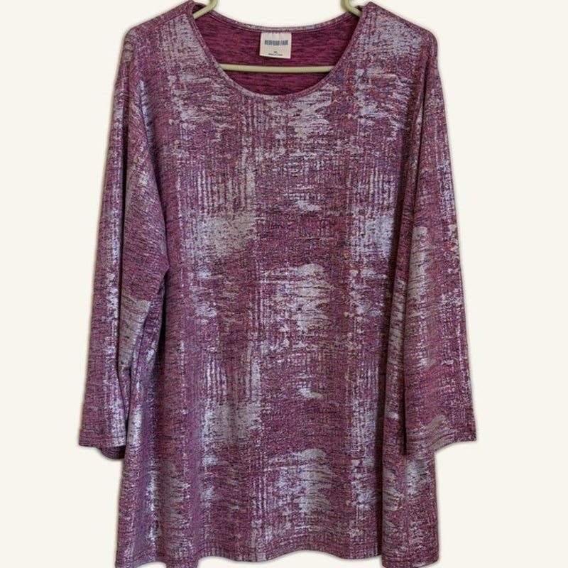 Bedford Fair Purple Silver Metallic Shimmer Knit Long Sleeve Tunic Top XL