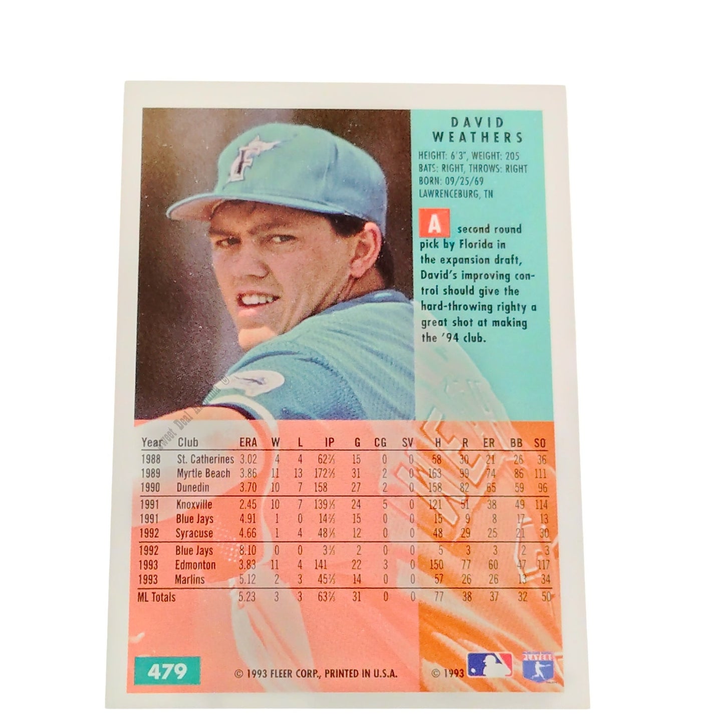 David Weathers, Florida Marlins, #479, 1994 Fleer Baseball Collector's Card