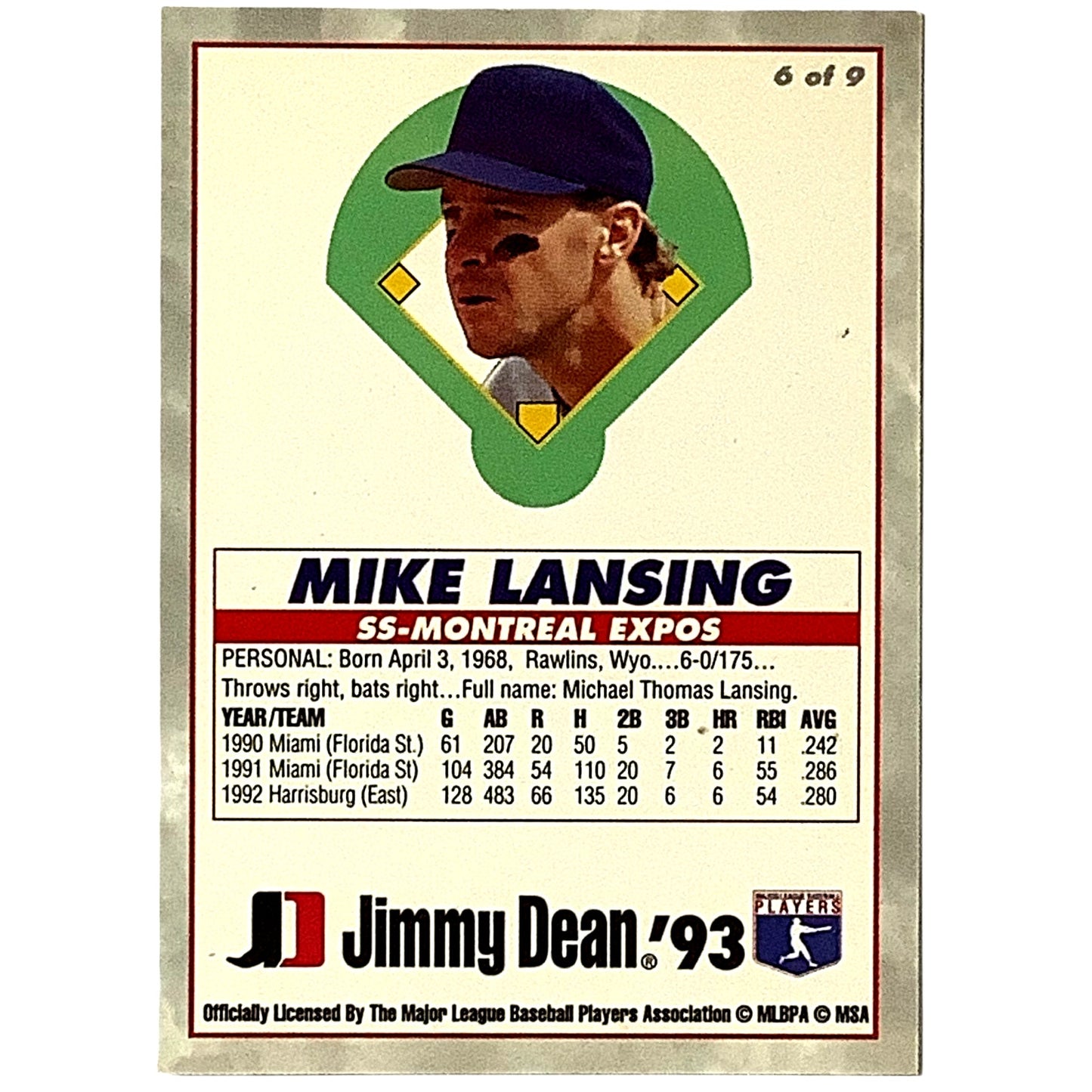 1993 Rookies, Mike Lansing, Montreal Expos, MLB, Jimmy Dean 1993, Card 6, EX/NM