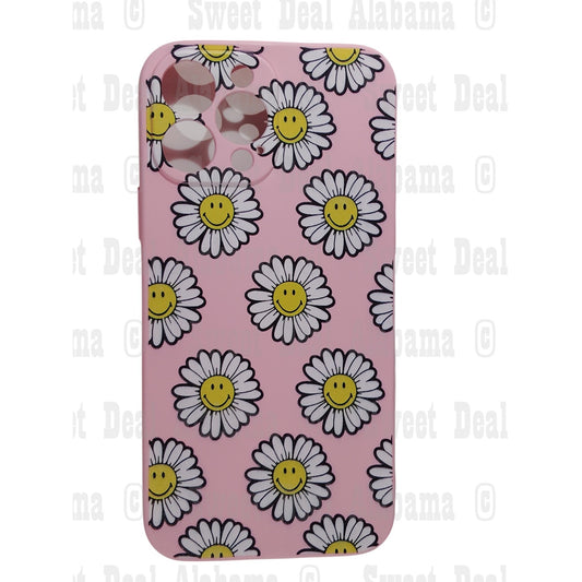Mobile Case For iPhone 13 Pro Max Case, Pink with Daisies w/ Smiley Face Centers