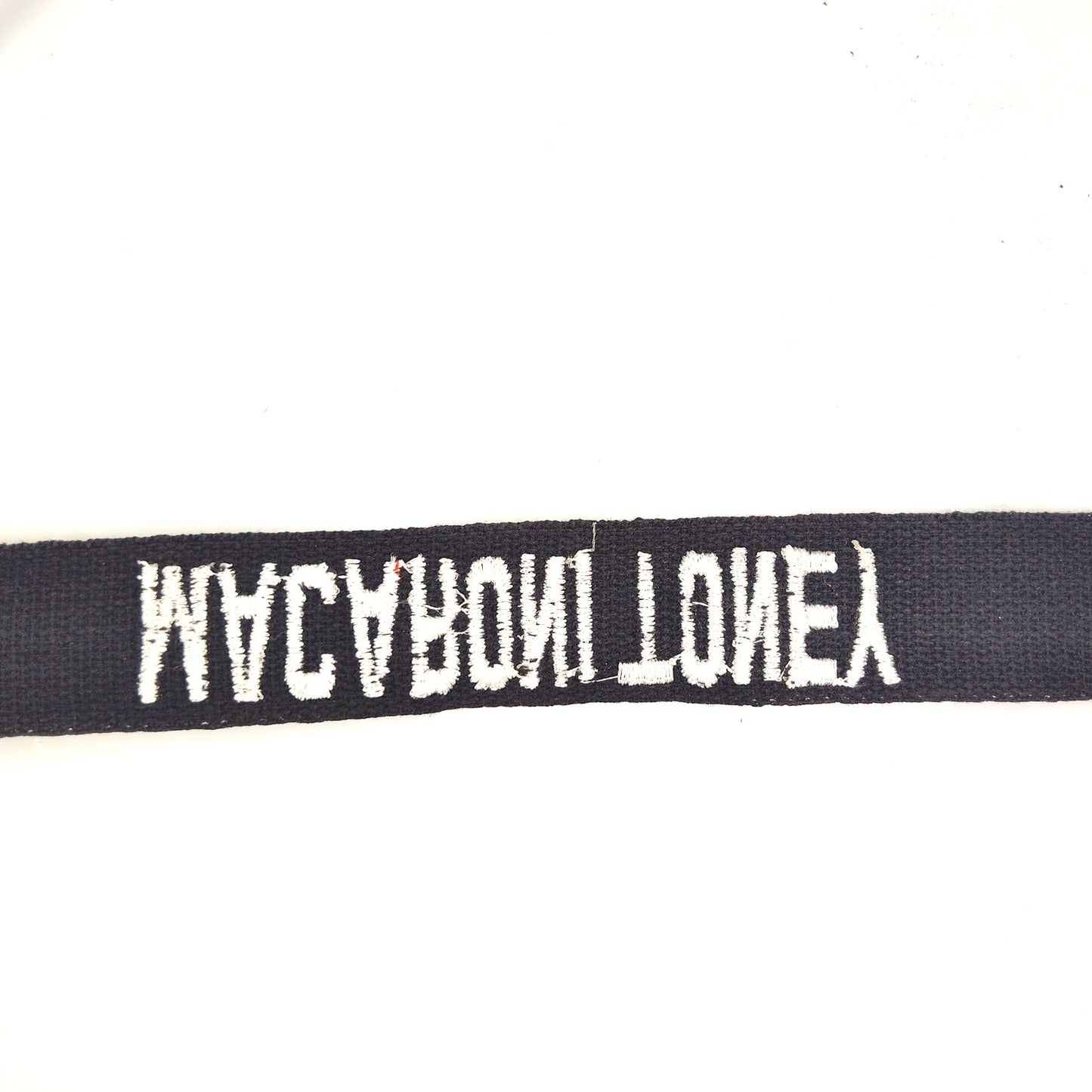 Navy Blue Name Tape “MACARONI TONEY” White Embroidery Sew‑On 8" × 1"