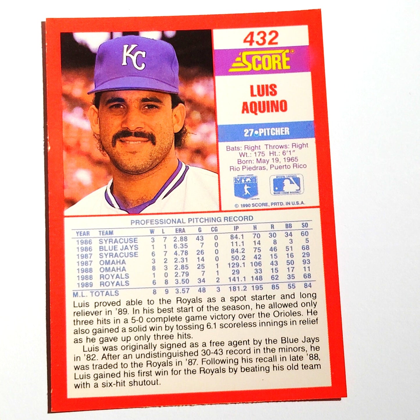 1990 Score Luis Aquino #432 Kansas City Royals Pitcher MLB Baseball EX