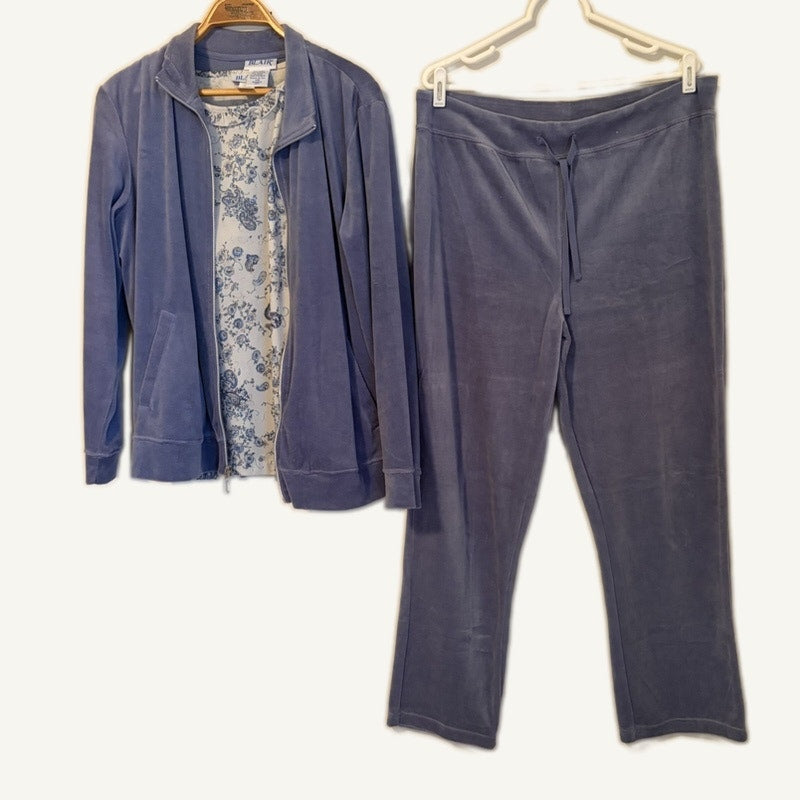 Blair Women's 3-Piece Velour Set L Blue Cream Floral Top Jacket & Pants