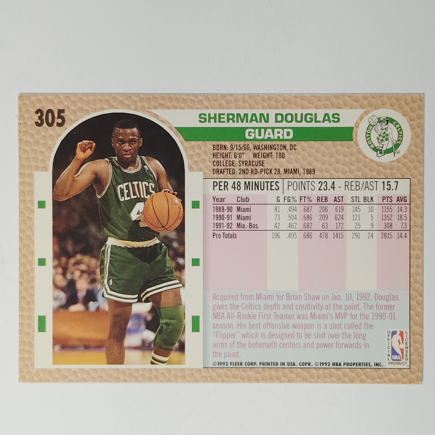 1992–93 Fleer Sherman Douglas #305 – Boston Celtics – Guard – NBA Card