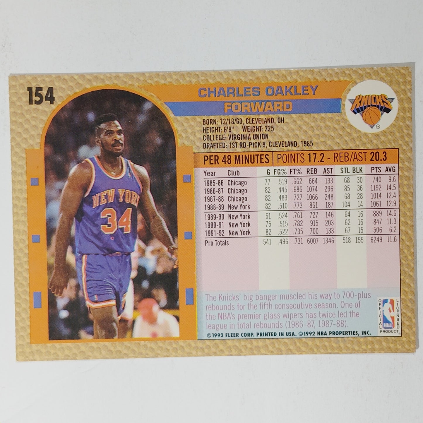 1992–93 Fleer Charles Oakley #154 – New York Knicks – Forward – VG/EX
