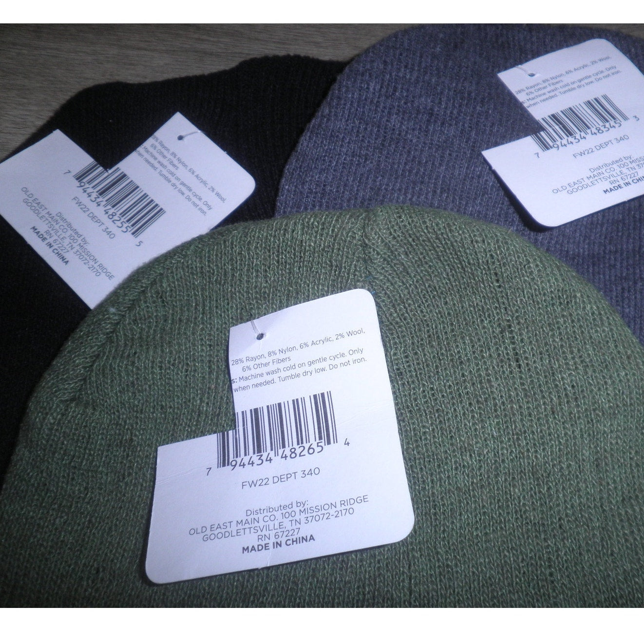 3-PK Old east Main Co., One-Size, Beanie Caps, Blk/Gray/Green, Blended Materials