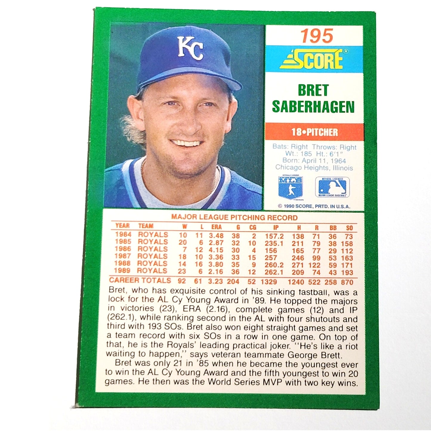 1990 Score Bret Saberhagen #195 Kansas City Royals Pitcher All Star MLB EX