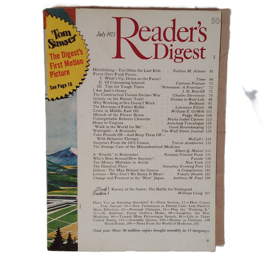 Reader's Digest July 1973 Vintage Magazine - Tom Sawyer Roberto Clemente
