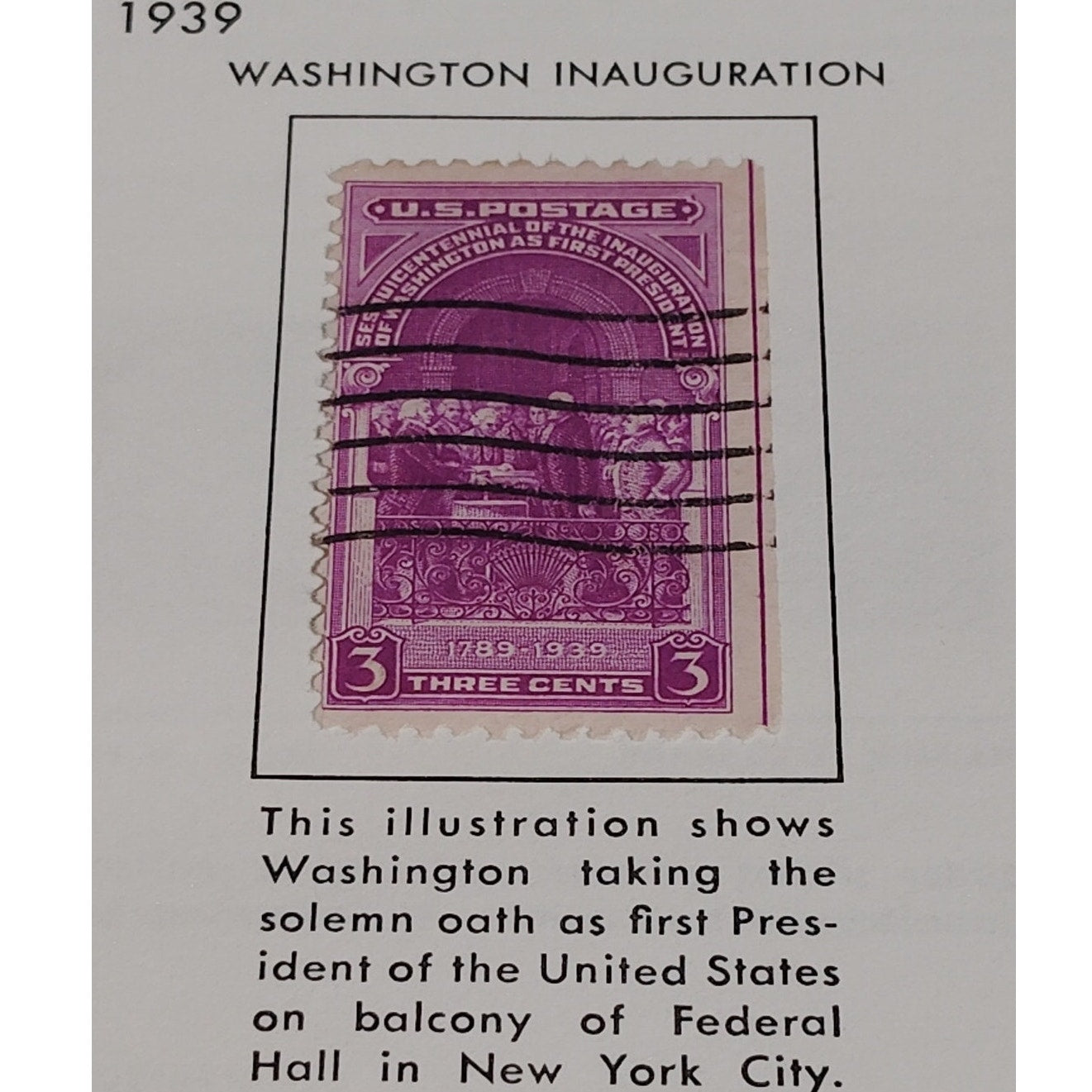 1939 3¢ Washington Inauguration Stamp – Scott 854 – Federal Hall – Canceled