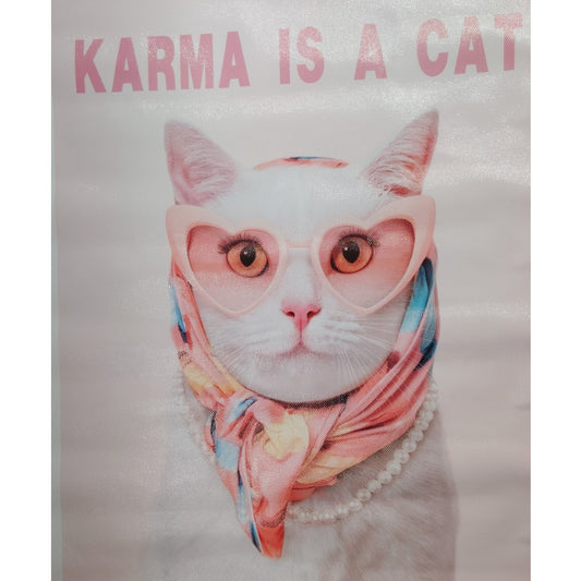 Karma Is a Cat Canvas Print 12x16" Unframed, White Cat in Sunglasses, Pink Aesthetic Music Wall Art