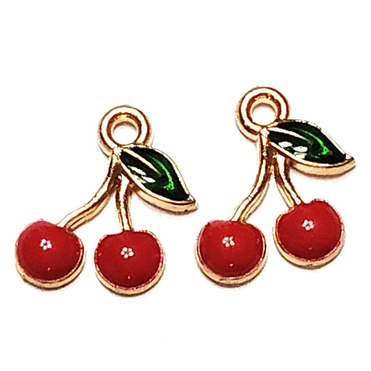 Cherry Dangle Charms Pair Gold‑Tone Red Enamel 1/2" Jewelry Making Pendants