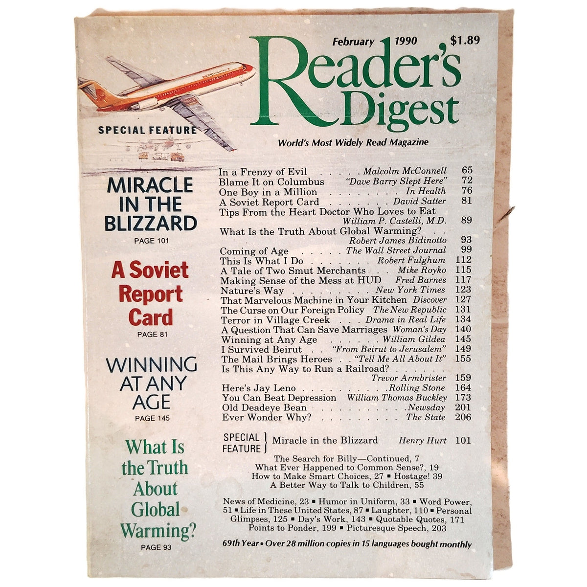 Reader's Digest February 1990 Magazine Vintage Airplane Cover Jay Leno