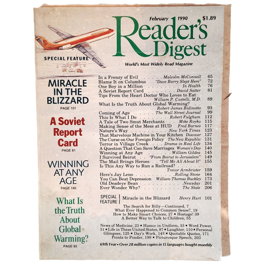 Reader's Digest February 1990 Magazine Vintage Airplane Cover Jay Leno
