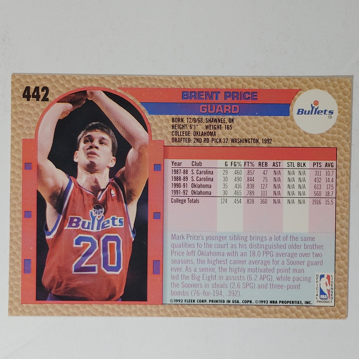 1992–93 Fleer Brent Price #442 – Washington Bullets – Guard – NBA Card