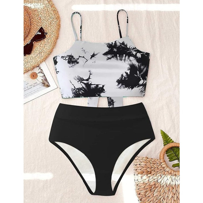 Avanova High Waisted, Tie Dye Tie Back Swimsuit Bikini Set Tie Dye Black, XS