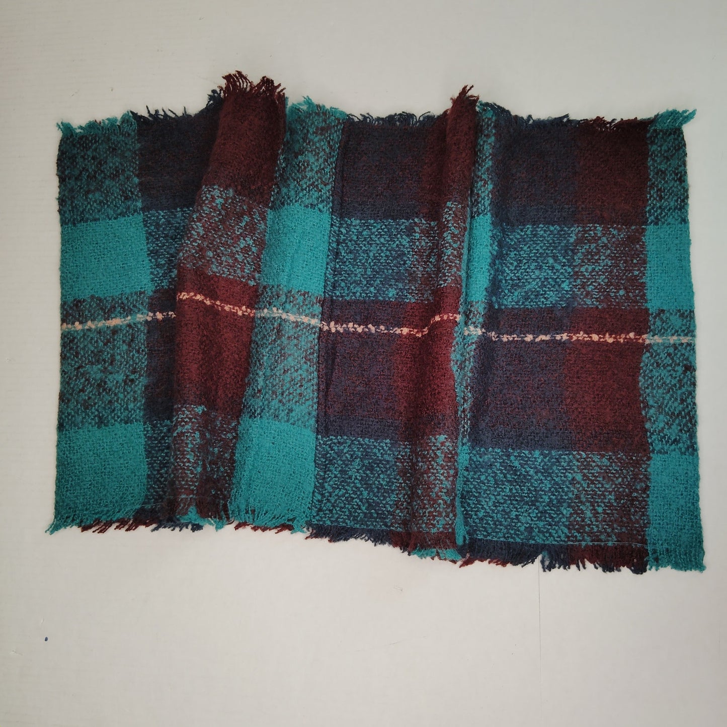 Lucky Leaf Infinity Scarf w/ Tassels Lightweight Acrylic,  Burgundy Green Plaid