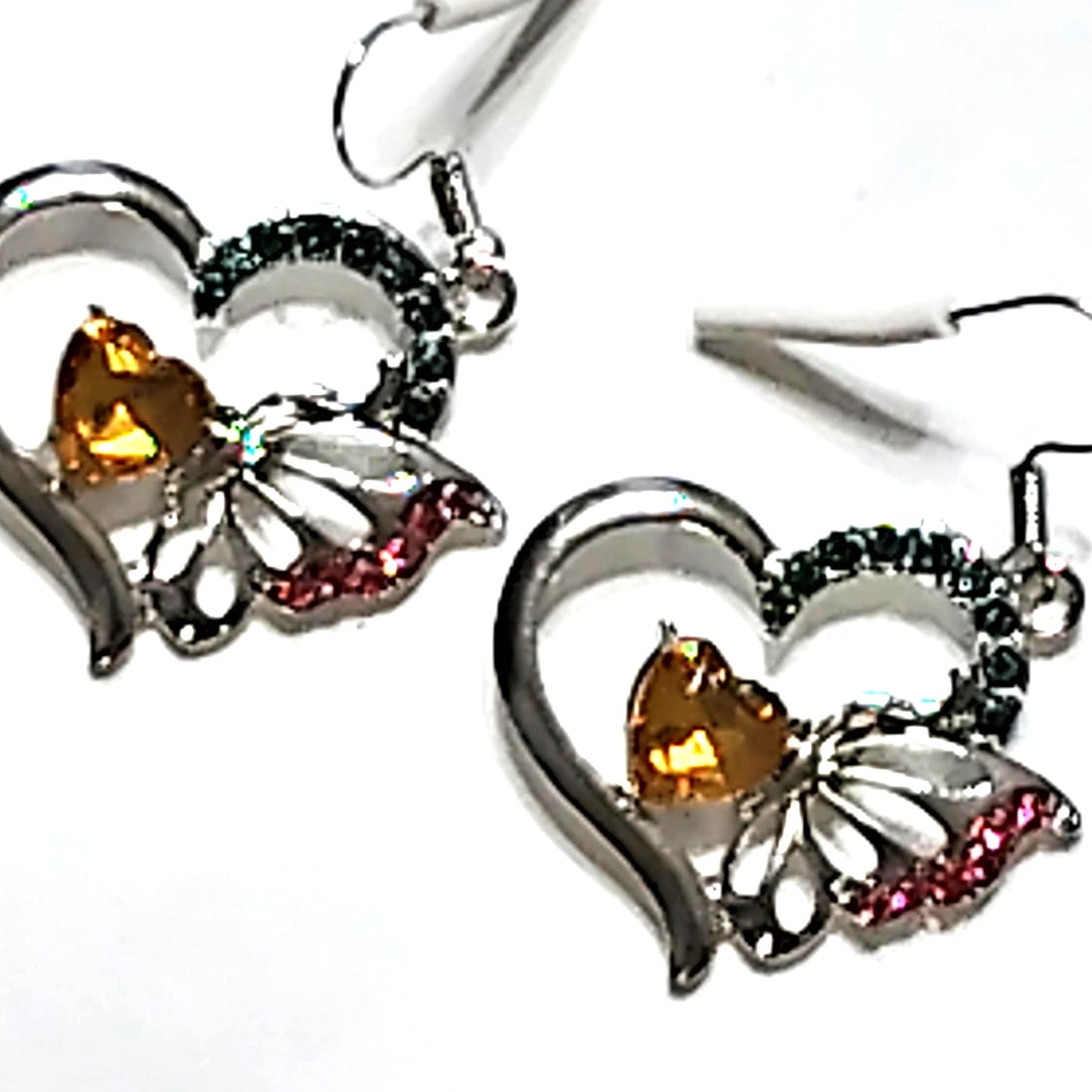 Amber America Heart & Butterfly Earrings Silver‑Tone with Multi‑Color Stones