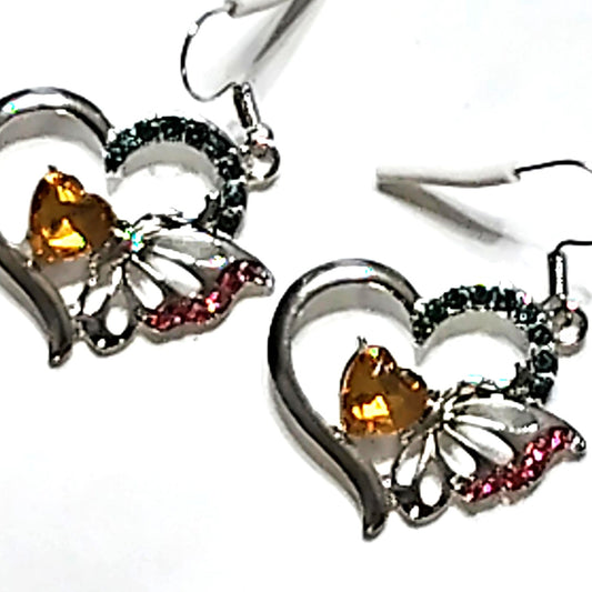 Amber America Heart & Butterfly Earrings Silver‑Tone with Multi‑Color Stones