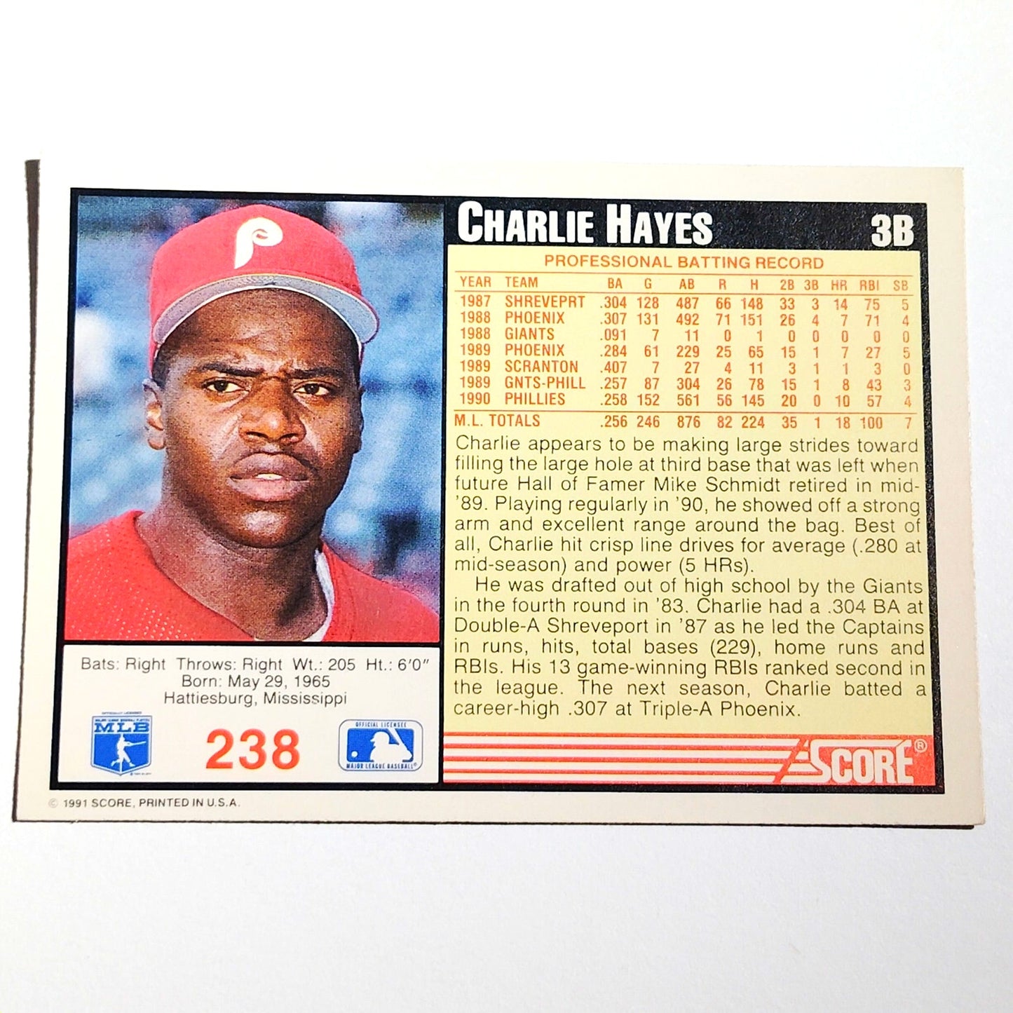1991 Score Charlie Hayes #238 Philadelphia Phillies 3B MLB Baseball Card NM