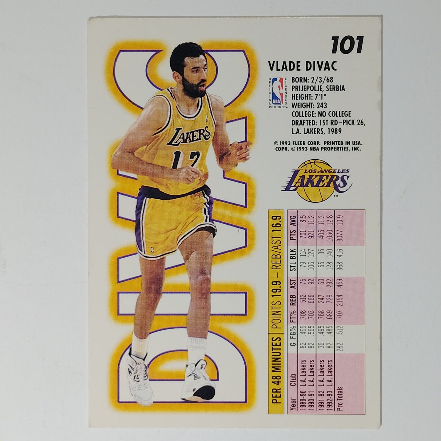 1993-94 Fleer Vlade Divac #101 Los Angeles Lakers Center Hall of Fame NBA Card