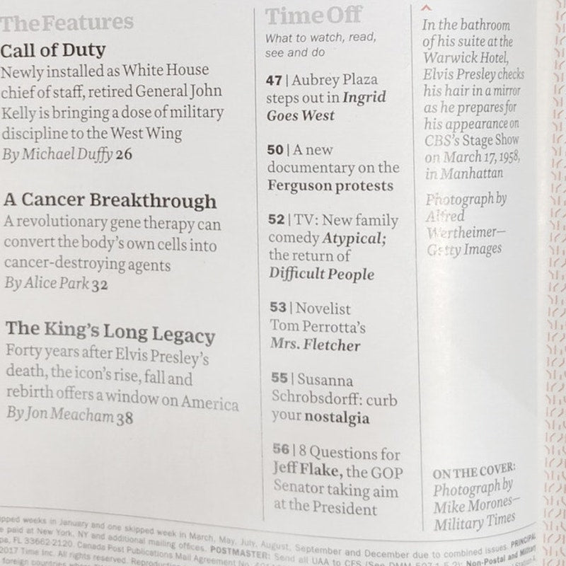 Time Mag Aug 21 2017 General John Kelly Trump's Hope, Elvis Presley 40 Yrs Later