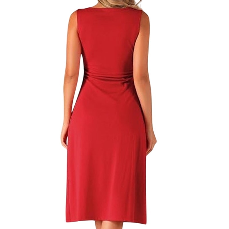 Allegra K Tank Dress, Crew Neck, Ruched, Casual A-line, Midi Sleeveless, Wine, M