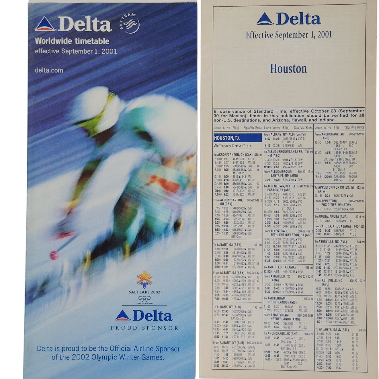 Delta Air Lines Worldwide Timetable, 9/1/2001, Olympic Cover, 147 Pgs, Ephemera