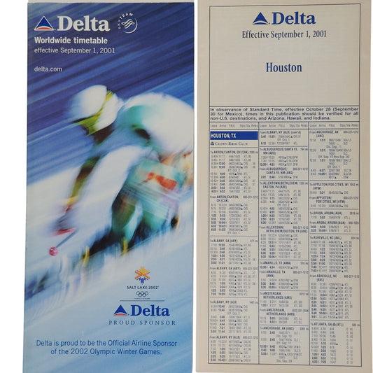 Delta Air Lines Worldwide Timetable, 9/1/2001, Olympic Cover, 147 Pgs, Ephemera