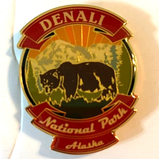 Denali National Park Alaska Grizzly Bear Metal Enamel Shield Magnet 2x1.5