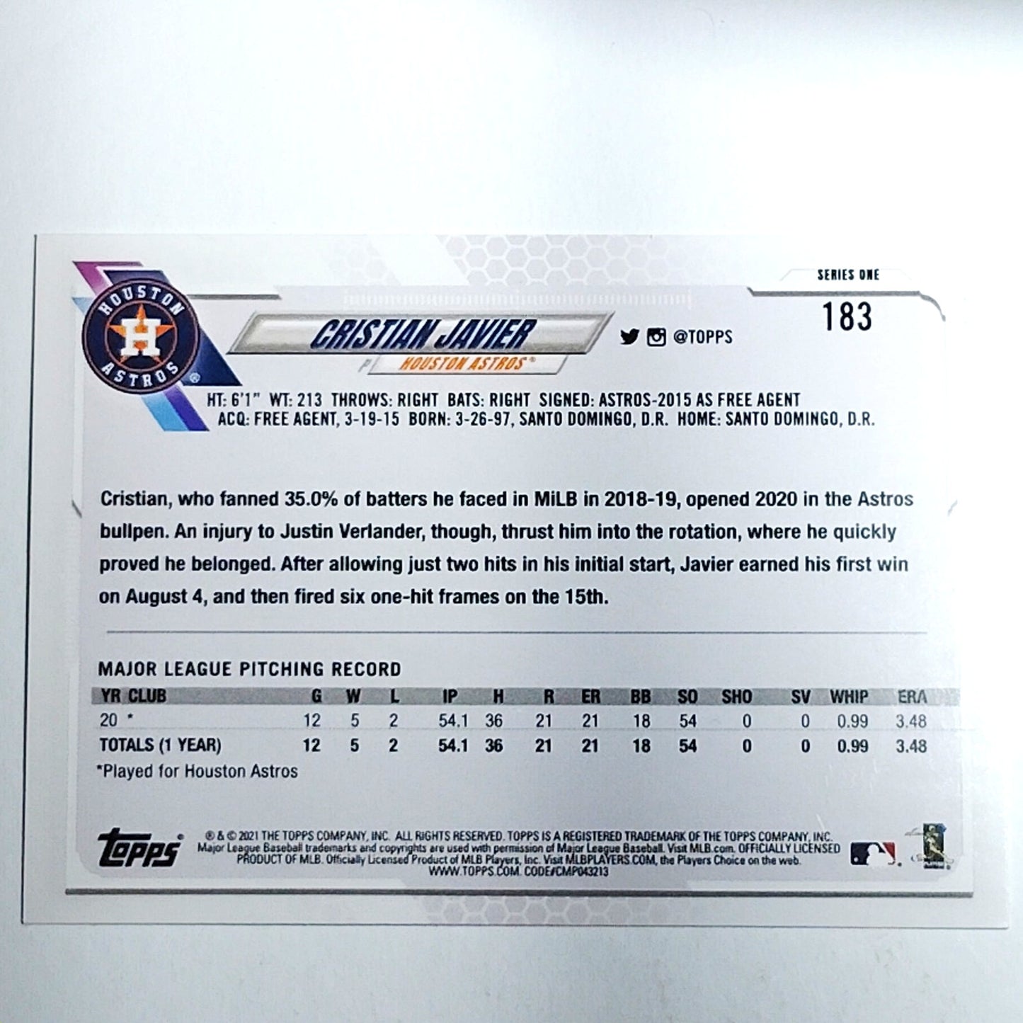 2021 Topps Series 1 Cristian Javier 183 RC Houston Astros Pitcher Rookie VG/EX