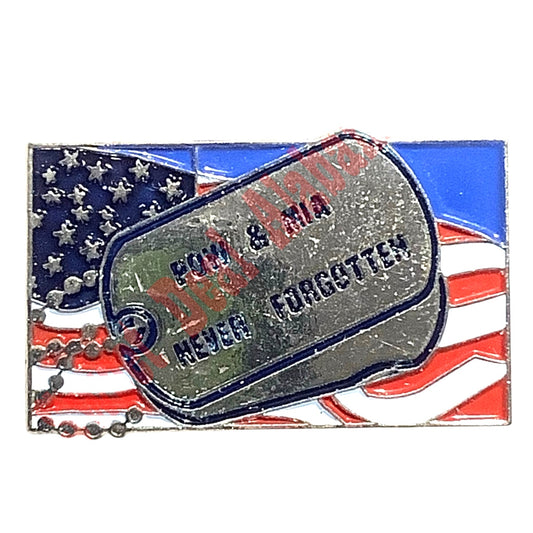 POW & MIA Never Forgotten Dog Tags on U.S. Flag - Hat, Lapel Pin 5/8"H x 1-1/8"W