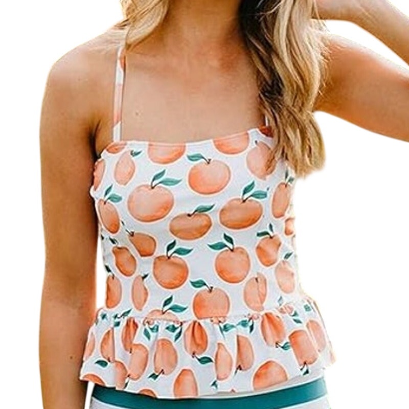 Ruffle Halter Tankini Swim Top Women’s Size L Peaches Print